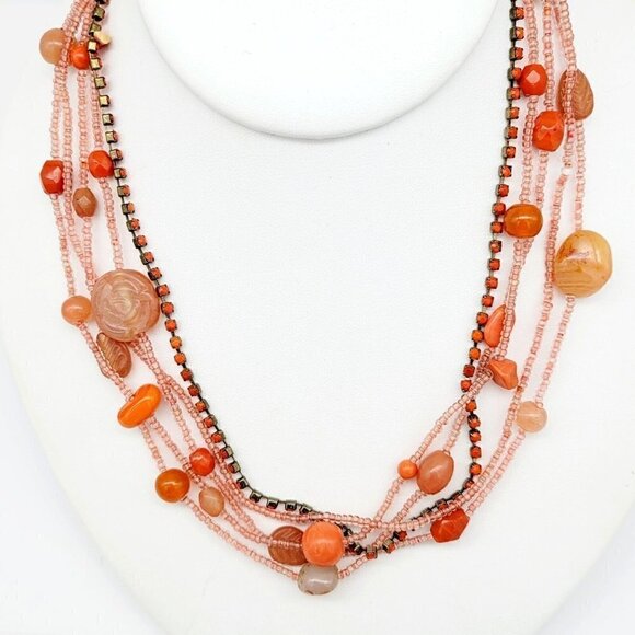 Multi Strand Beaded Choker/Collar Necklace Coral Orange Glass & Seed Beads - Picture 1 of 6